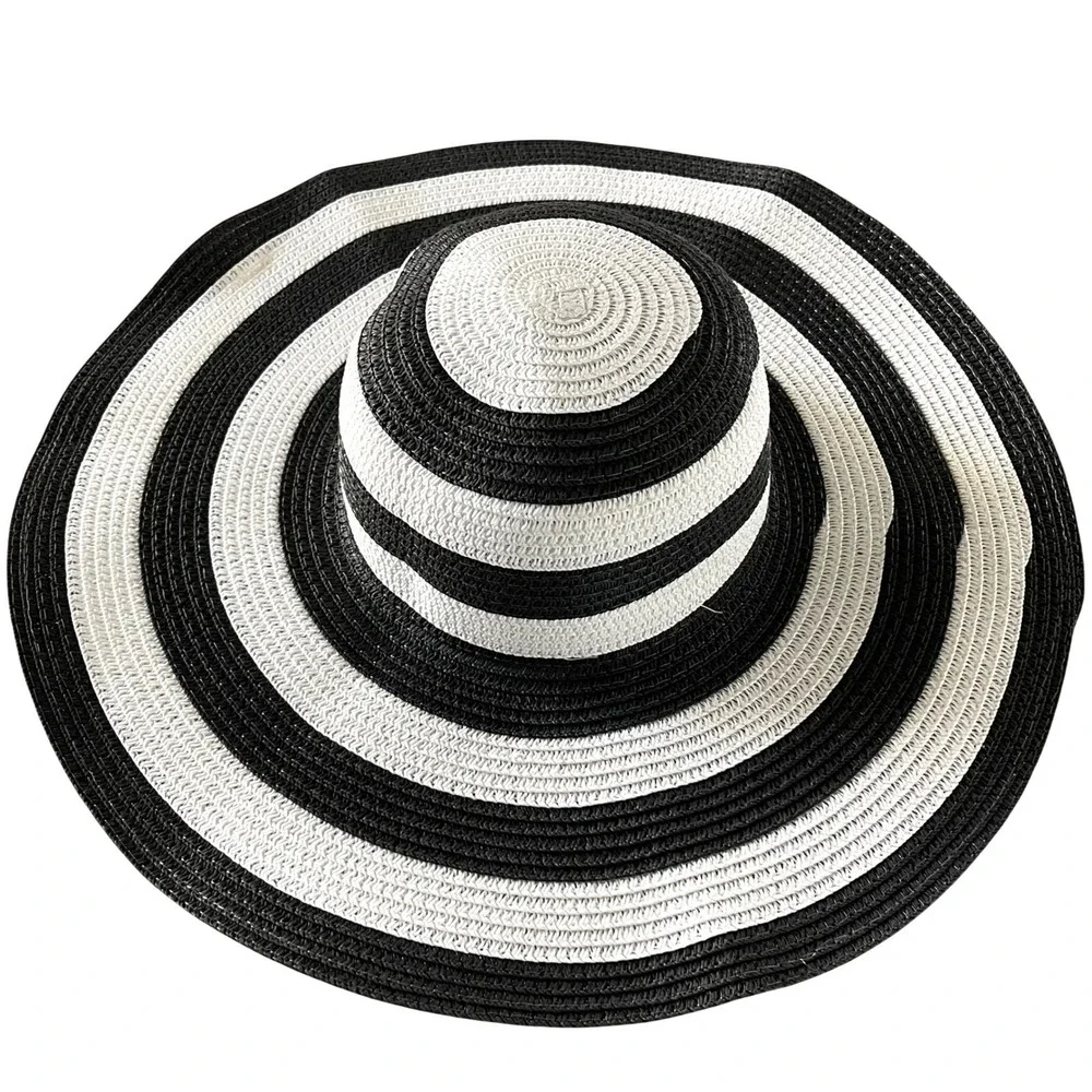 Womens Black White Striped Wide Brim Sun‎ Hat Beach Vacation Floppy